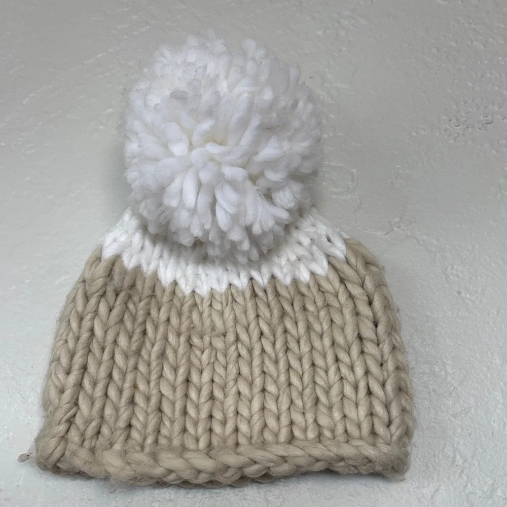 Free People White and Tan Knit Pom-Pom Beanie Hat